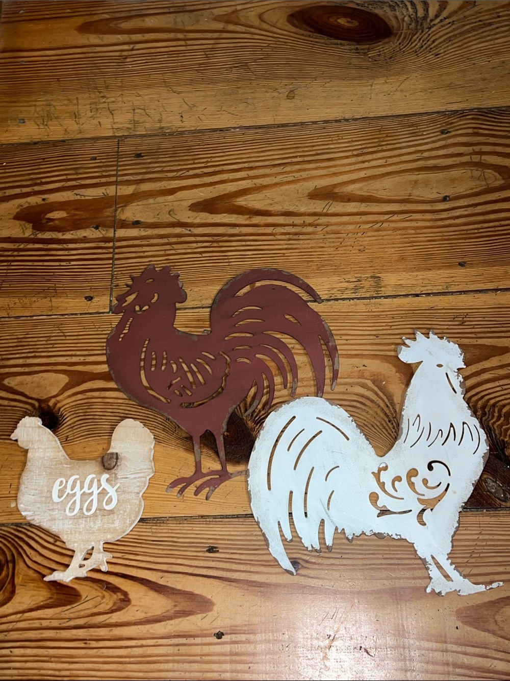 Rustic Metal Rooster Wall Decor Farm Farmhouse White, and Natural Set of 3